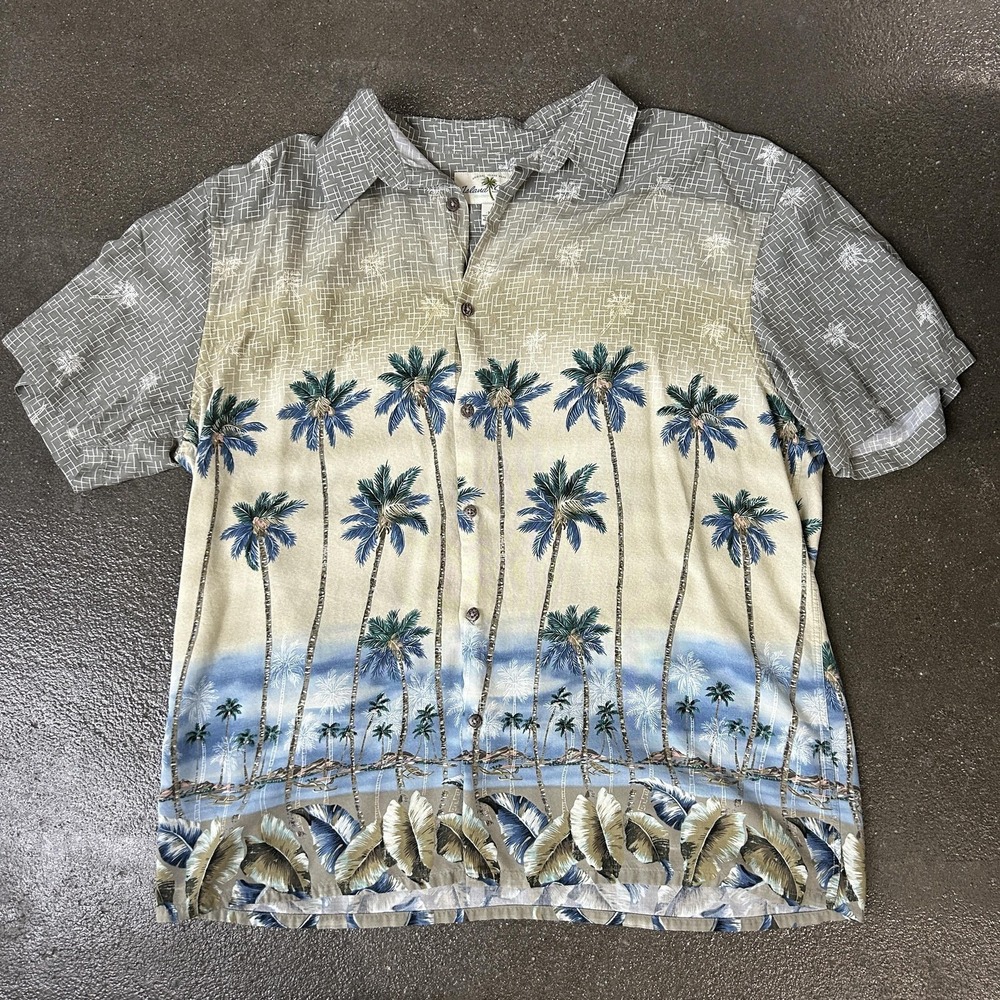 Island Shores Shirt Mens XL Beige Palm Tree Hawaiian Aloha Beach Button Up
